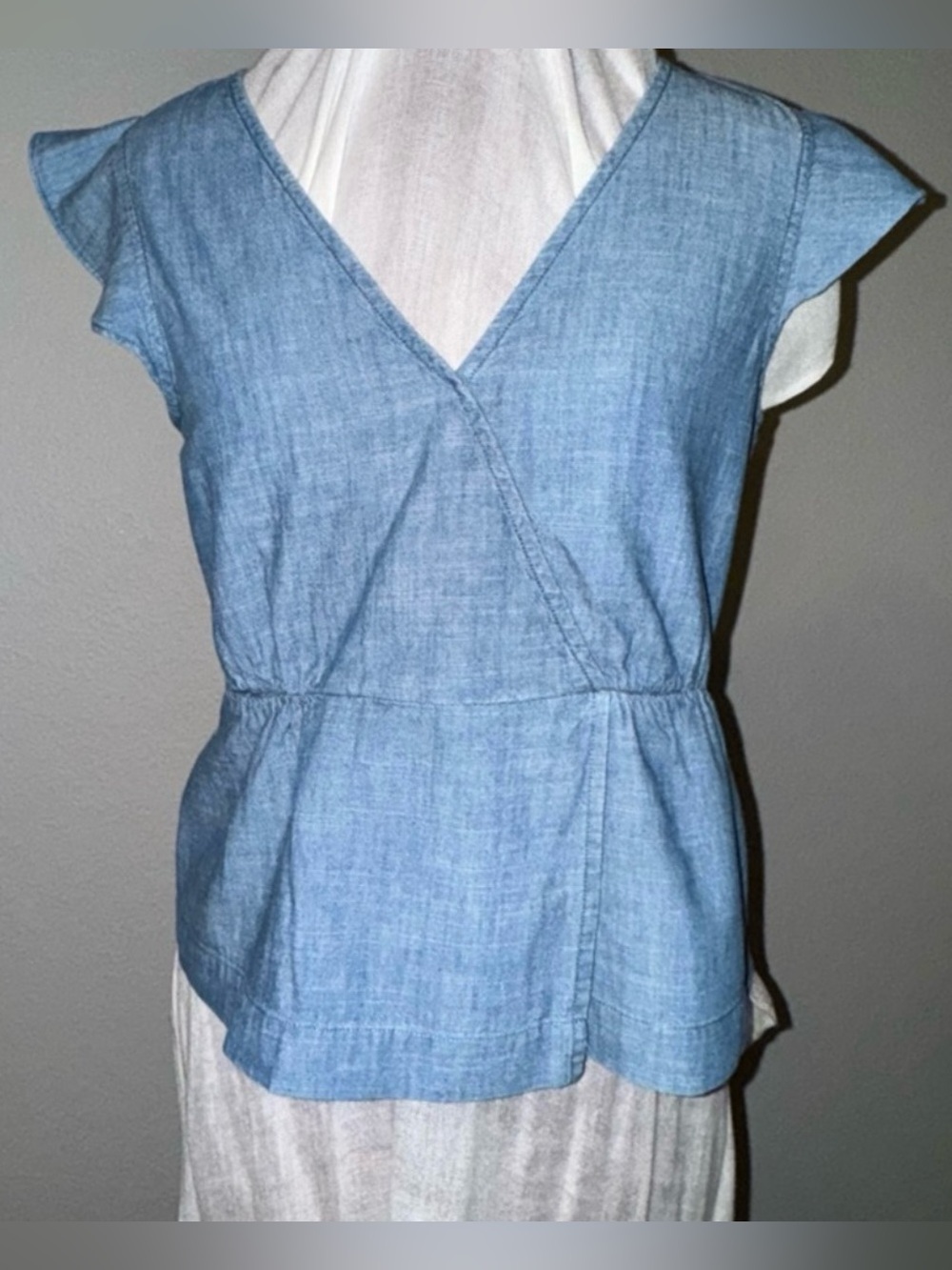 J. Crew Light Blue Chambray Wrap-Style Peplum Top